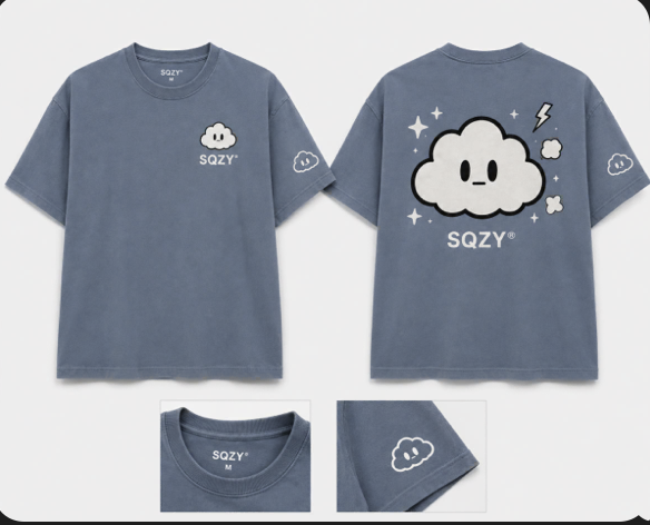 Washed blue SQZY cloud tee concept, front and back