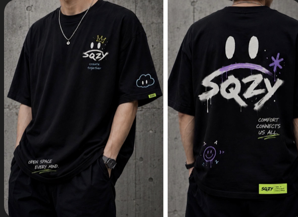 SQZY T-shirt design concept shown from the front and back